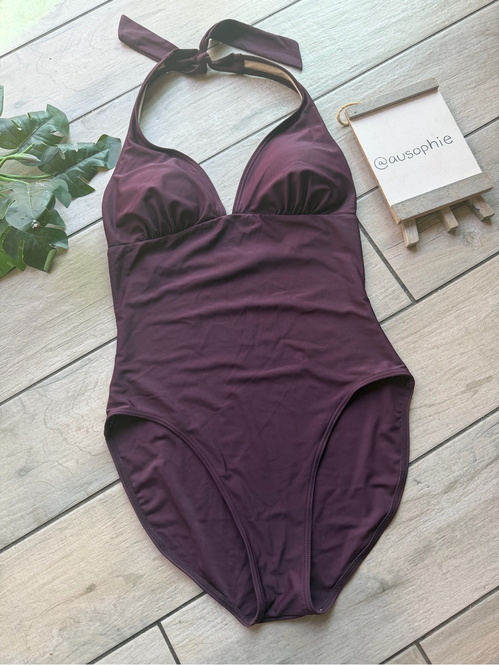 Caribbean Sand Halter One-Piece Swimsuit in Deep Plum. Size 10